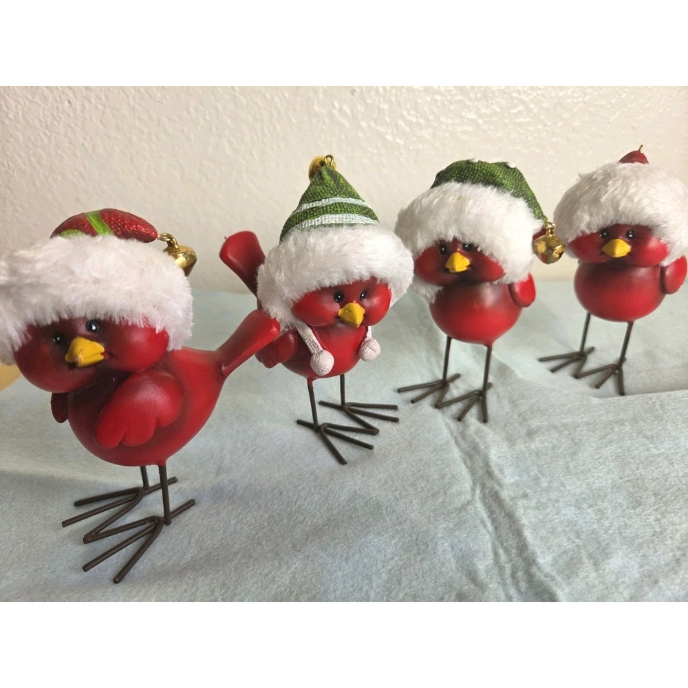 4 Christmas Chubby Cheek Cardinal Birds With Santa's Hats Holiday Decor